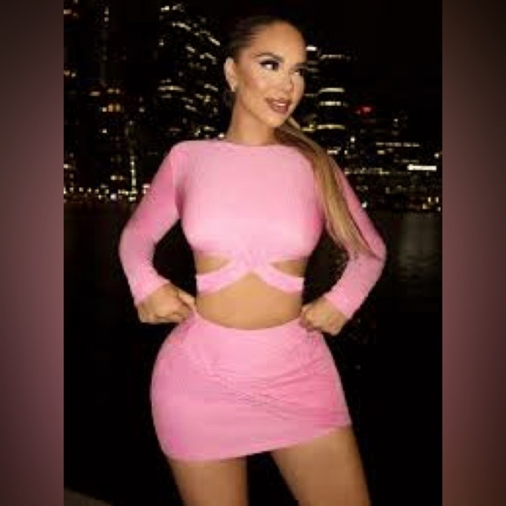 NWT Mebon By Machine Blush Pink Crisscross Ribbed Crop Sweater & Skirt Set L